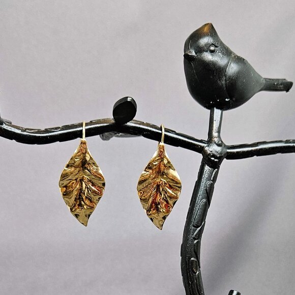 Textured Leaf Earrings, Stamped design w/ Ear Hooks, Gold Plate - 1 1/2" - Picture 3 of 9